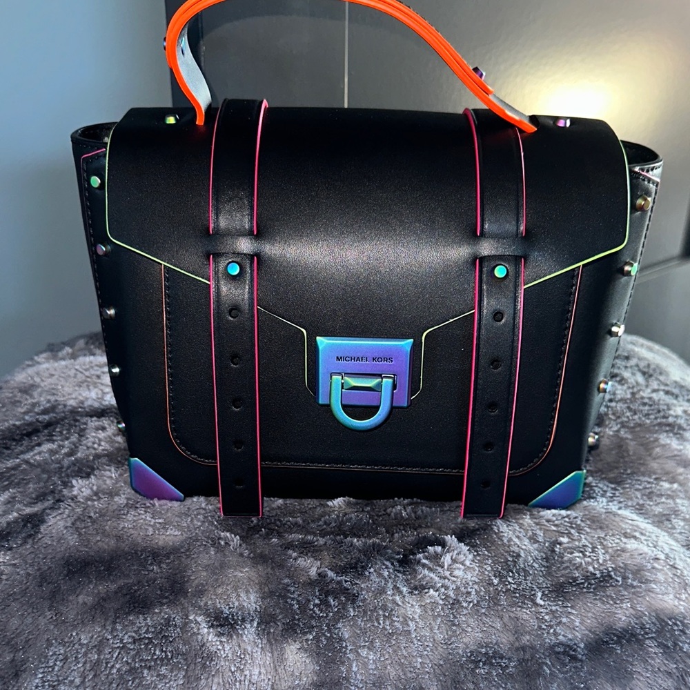 Michael Kors Black Manhattan Satchel with Multicolor Accents